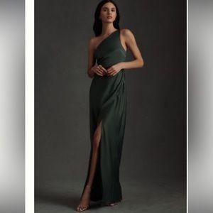 BHLDN DYLAN ONE-SHOULDER SATIN SIDE-SLIT GOWN. Forest color, worn once!